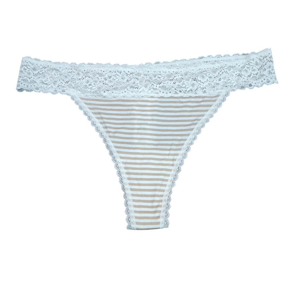 Maurices Simply Comfy Neutral Cream Tan Stripe Lace Waistband Thong Plus Size 1X